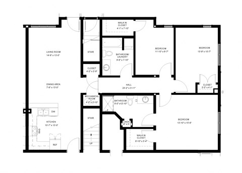 Floor plan for 3 beds, 2 baths, 1309 sqft